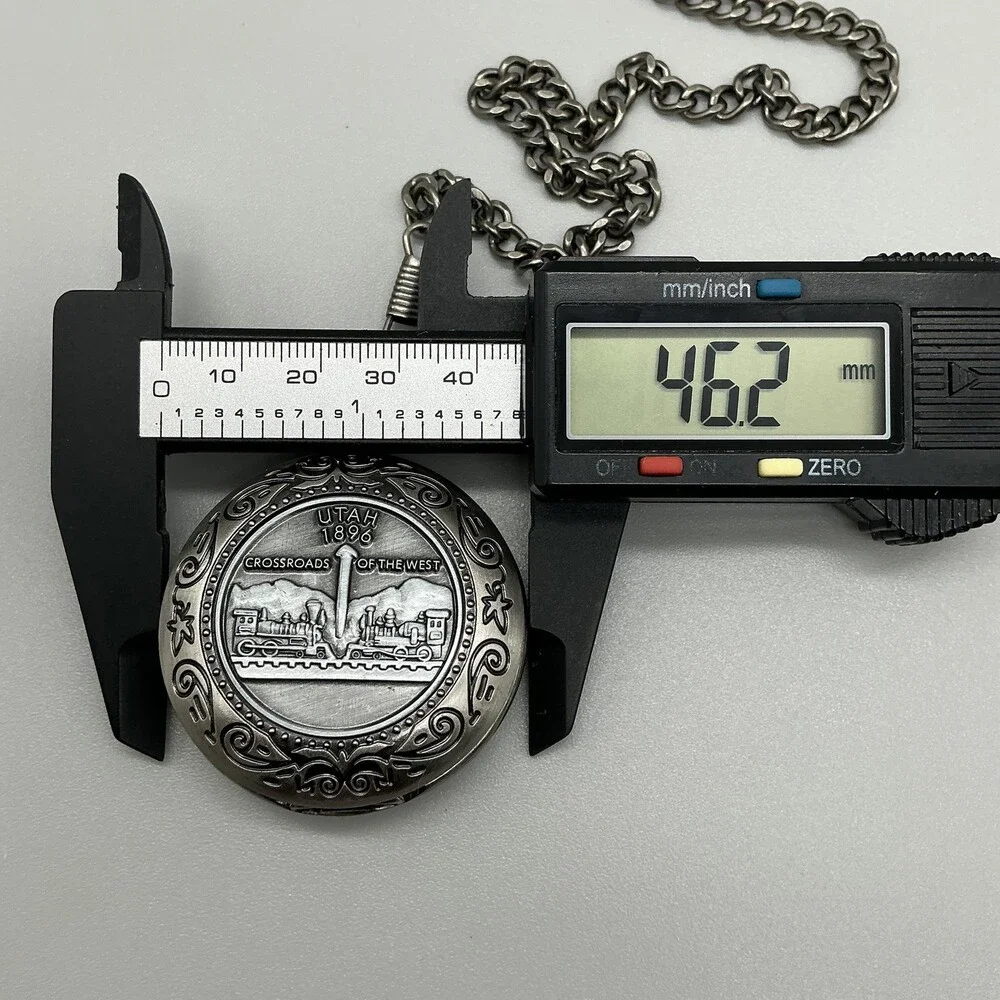 Vintage Collection Pocket Watch Men 46mm Silver Tone Utah 1896 Chain New Battery